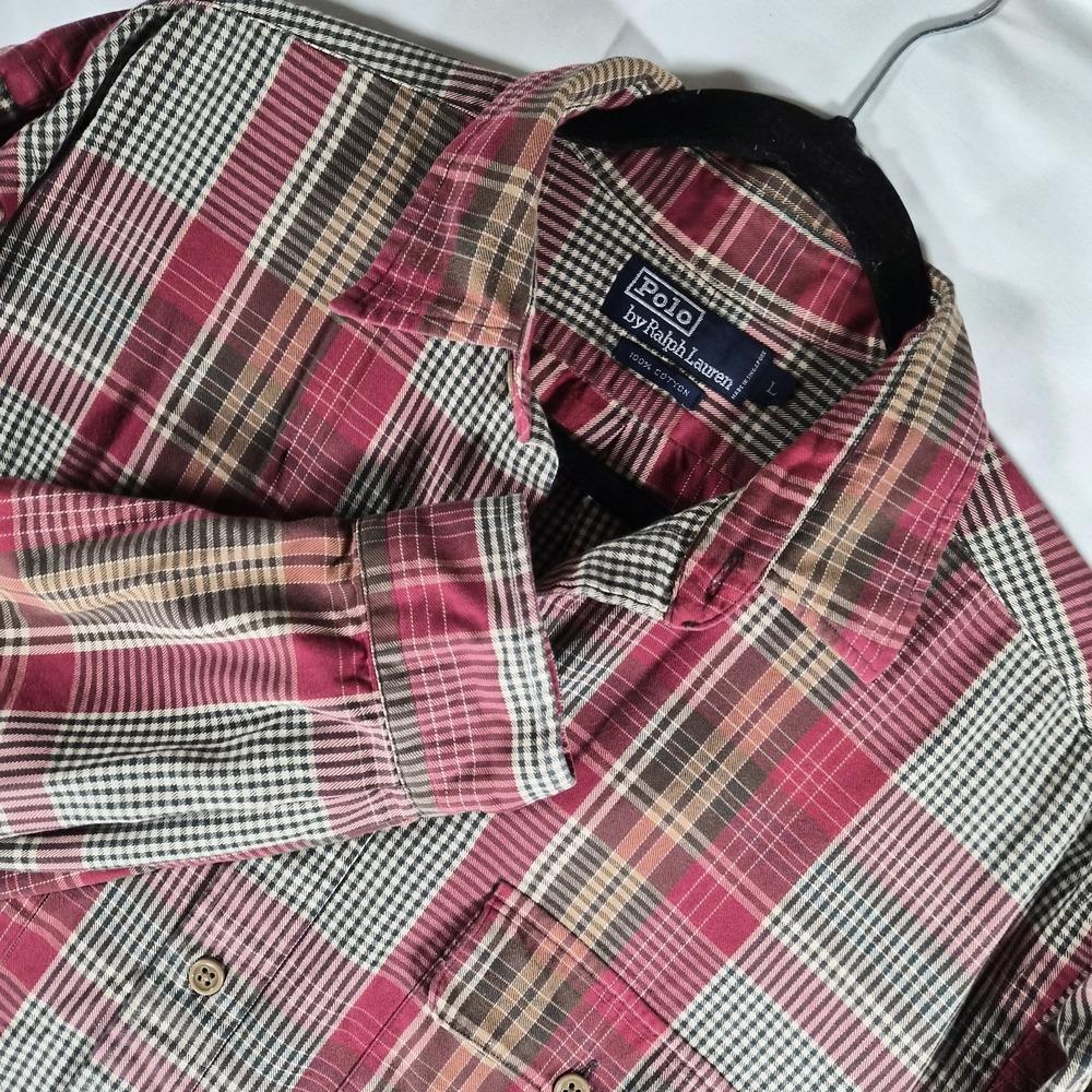 Polo Ralph Lauren Men's Large Red Brown Plaid Long Sleeve Button Front Shirt